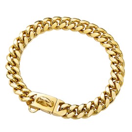 BAOBOTE Gold Dog Chain Collar Walking Metal Chain Collar with Design Secure Buckle,14MM Heavy Duty Cuban Link Chain Training Collar for Small Medium Large Dogs(16" Gold)