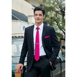 HISDERN Men's Tie Classic Plain Tie and Pocket Square Tie Clip Set Ties for Celebration Wedding Party, Fuchsia Pink