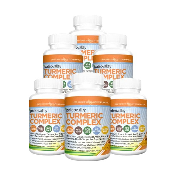 Paleovalley - Organic Turmeric Complex - Full Spectrum Organic Turmeric with Health-Supportive Superfoods - 6 Pack (360 Veggie Capsules) - Support Joints, Brain, Immunity and Cardiovascular Function