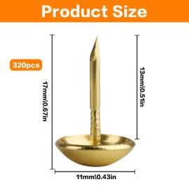 Pack of 320 Upholstery Nails, Upholstery Tacks, Furniture Nails Vintage for Armchair, Furniture, Bed, Decorative Nail - 11 x 17 mm (Gold)