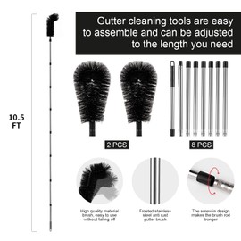 Zhichen star Gutter Cleaning Tools from the Ground - 10.5 FT Adjustable Gutter Cleaner Tools with Bendable Nylon Brush, Stainless Steel Pole for Safe, Ladder-Free Removal of Leaves, Twigs & Debris
