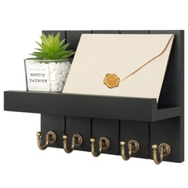 Baoswi Key and Mail Holder for Wall, Key Hanger for Wall with Shelf Wood Wall Shelf with Hooks - 5 Hooks for Wall Decorative Retro Hanging Organiser Rustic Farmhouse Decor for Entryway (Black)