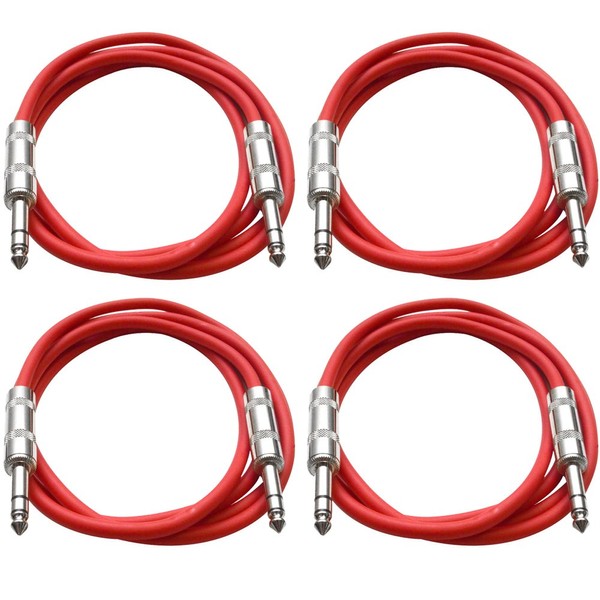 SEISMIC AUDIO - SATRX-2-4- Pack de 2 cables de conexión TRS a 1/4 TRS - Varios colores - Equilibrado - 2 pies de cable de conexión, Rojo y Rojo