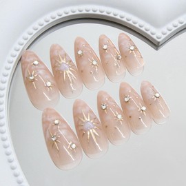 Almond Press on Nails Medium Fake Nails with Gold Stars Designs - Nude Translucent Nails Press ons Smudge Acrylic Rhinestones Stick on Nails for Women Girl 24 Pcs