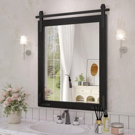 JIINGYO Black Farmhouse Mirror for Wall, 22x30 Inch Wood Framed Rectangle Bathroom Vanity Mirror, Barn Door Style Mirrors Decor Mirror for Living Room Bedroom Entryway
