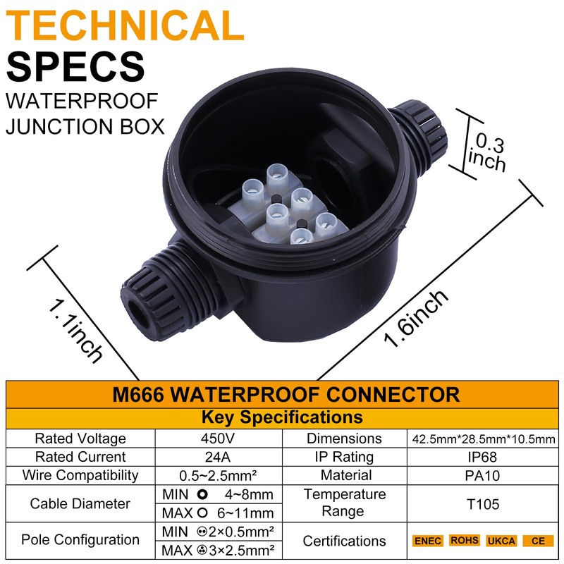 Tynoscco IP66 Round Waterproof Junction Box, 2Way 3Pin(24A 450VAC) Underground/Outdoor