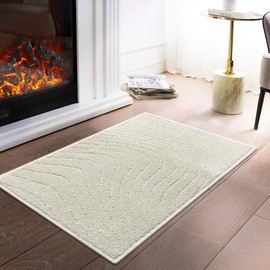 COZYLOOM Entryway Area Rug 2x3 Small Solid Shag Rug Non-Slip Indoor Front Door Mat Modern Floral Rug Throw Floor Covers Boho Accent Shaggy Rug Nursery Rug Bedroom Living Room Carpets, Beigee