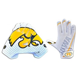 Scale Wear Design University of Iowa Hawkeyes Football Gloves with Super Stick-Tach Silicone Grip Palms. Men's & Youth Boys Sticky Football Receiver Gloves (White, Adult-XL)