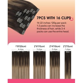 Youngsmile Real Human Hair Clip in Extensions Color 2 Darkest Brown Fading to 6 Chestnut Brown And 18 Ash Blonde 120g 7pcs 22inch Invisible Natural Human Hair Extensions Clip in(#2/6/18-22inch)