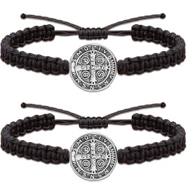 Daxtril 2 PCS Catholic Bracelet San Benito Bracelet Saint Benedict, Medal Adjustable String Bracelets Religious Gifts for Men Women Gifts (Silver)