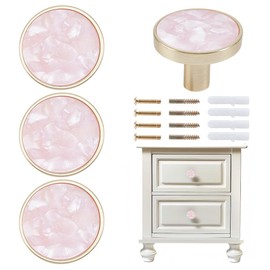 DELORIGIN 4 Packs Drawer Knobs Gold Dresser Knob Zinc Alloy Pulls Handles Mother of Pearl Furniture Knobs Accessories for Kitchen Cabinet Dresser Drawers Door Decorative,1.2" Diameter,Pink