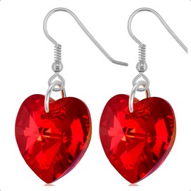 925 Sterling Silver Heart Earrings with Birthstone - July Ruby Red Crystal Drop Earrings - Delicate & Fine Dangle Earrings - Jewellery Gift for Women, Girls, Teens, Wife & Girlfriend