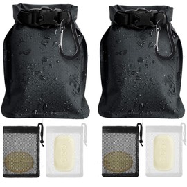 Yxelydriail 2Pcs Travel Soap Case Bag, Waterproof Leakproof Soap Bar Bag with Foaming Mesh Pouch and Carabiner, Hanging Quick Drying Soap Bar forTravel, Camping, Outdoor (Black)
