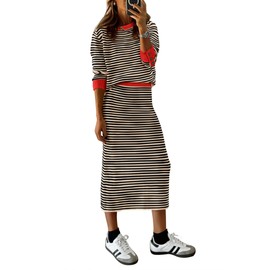 PRETTYGARDEN 2 Piece Skirts Sets For Women Fall Fashion 2025 Striped Sweater Dress Knit Lounge Travel Outfits Winter Clothing (Beige Stripe,Small)