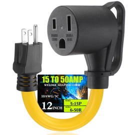 Tellegloww 15Amp to 50Amp Welder Adapter Cord, NEMA 5-15P Male to 6-50R Female 15Amp 3 Prong Household Regular to 3 Prong Welder Power Adapter, STW 10 AWG/3C, 15 Amp 3750 Watt 12Inch ETL Listed