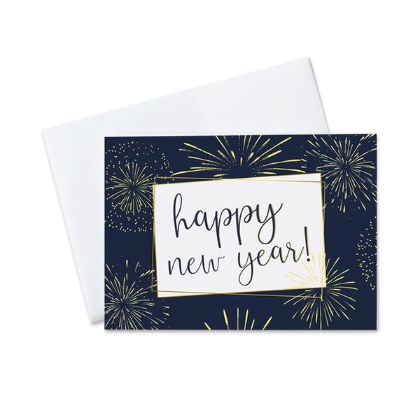 CEO Cards - New Year Greeting Cards (Firework Designs), 5x7 Inches, 25 Cards & 26 White with Gold Foil Lined Envelopes (N1903)