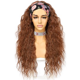 Sapphirewigs Curly Headband Wig Brown Long Synthetic Wig Loose Water Wave Headband Wigs for Women Glueless 150% Density 66 cm