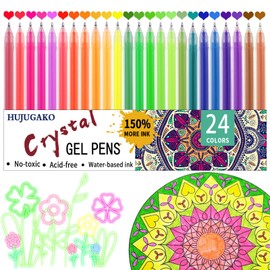 HUJUGAKO Neon Gel Pens,24 Colored Crystal Gel Pens 0.8-1.0MM Tip Pens with 150% More Ink for Adults Coloring Books Drawing Doodling Crafts Scrapbooks Bullet Journaling