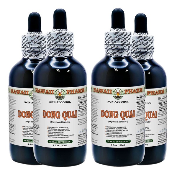 Hawaii Pharm Dong Quai Alcohol-Free Liquid Extract, Organic Chinese Angelica (Angelica sinensis) Dried Root Glycerite Natural Herbal Supplement 4x4 oz