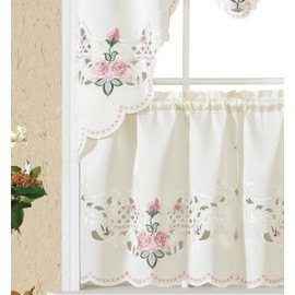 GOHD Rose Fragrance 3pcs Multi-Color Embroidery Curtain with cutworks, Swag Valance and Tiers Set,Satin Fabric,Multi-Color Kitchen Cafe Curtain Set(Rose)