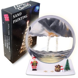 Moving Sand Art Lamp Round Glass Flowing Sand Frame, Sand Art Liquid Motion and 3D Deep Sea Moving Sandscapes, Sensory Relaxing Desk Christmas Decor(7", Blcak with Light)