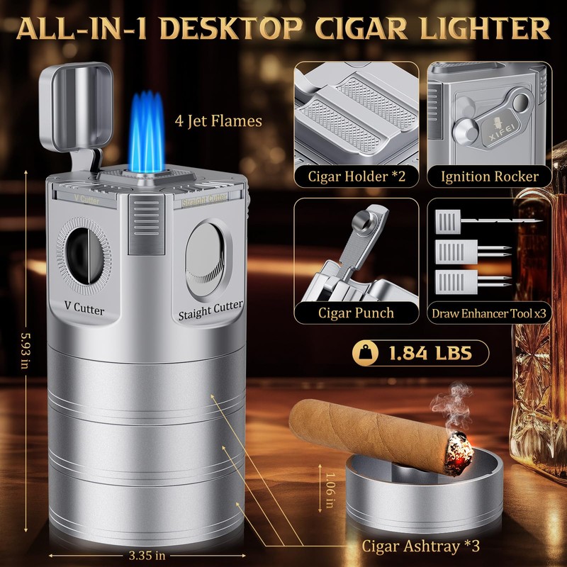 XIFEI 8-in-1 Desktop Cigar Lighter with Straight V-Cut Cutter, 3