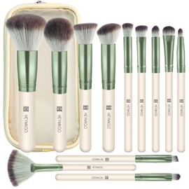 HEYMKGO - Set de 12 Brochas de Maquillaje Profesionales Premium Sintéticas para Base, Polvos, Rubor, Corrector, Difuminado, Sombra de Ojos, Labios, Cejas, con Estuche de Viaje