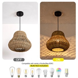 LISLIBE 13.8" Rattan Pendant Light, Rustic Hand-Woven Wicker Hanging Light Water Plants Rattan Chandelier for Dining Living Bedroom Kitchen Farmhouse