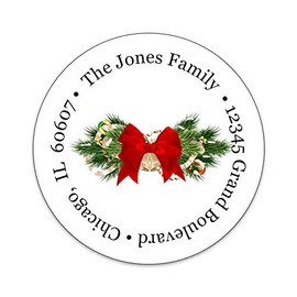 Custom Round Return Address Gloss Labels - Christmas Theme - 2 Inch Round Holiday Labels - Holiday Extras Included - 100% Made in The U.S.A. (Christmas Bow)
