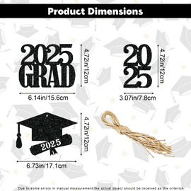 Heyiminy 12Pcs 2025 Graduation Decorations, Glitter Class of 2025 Graduation Centerpieces for Table, Double-Sided Grad Caps Cutouts Tags with Rope for Congrates Grad Party Supplies (Black)