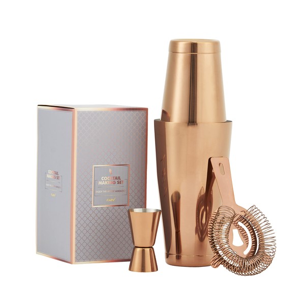 FABV Luxury 4-Pieces Boston Cocktail Shaker Set with Recipe Booklet - Copper Rose Gold Cocktail Set - Cocktail Gift Set Mixology Bartender Kit