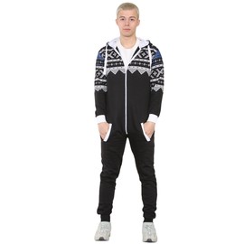 Grunge Wear® Mens Onesie Aztec Print Adult Jumpsuit All in One Piece Pajamas Unisex Nightwear (Black, Large)