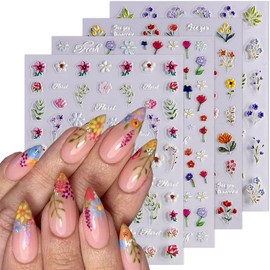 Flower Nail Stickers Colorful Floral Nail Art Stickers Self-Adhesive Nail Decals Daisy Rose Tulip Purple Green Leaves Design Spring Summer Sticker DIY Acrylic Nails Decoration Supplies for Women