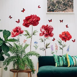 OUFEI Wall Decals Floral Peel and Stick Big Red Peony Flowers Stickers for Living Room Girls Bedroom Kids Nursery Decoration