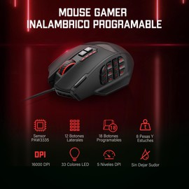 TERPORT S700 Mouse Gaming Alámbrico Con 8 Pesas y Estuches, Ratón Gamer con 18 Botones Programables, 16400DPI con 5 Niveles Ajustables, 33 Colores LED, Mouse de Juegos Para Mano Media/Grande, Negro
