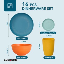 Wheat Straw Dinnerware Sets 16 PCS - Unbreakable Reusable Dinnerware Dishes Dessert Plates, Cereal Bowls, Drinking Cups, Sauce Dishes, Microwave Dishwasher Safe Plates Bowls Sets for Kitchen