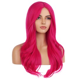 PATTNIUM Hot Pink Wig for Women Girls Milddle Part Wavy Curly Long Wig Neon Pink Wig Magenta Wig Heat Resistant Synthetic Cosplay Wig (Hot Pink)