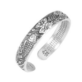Feng Shui Lotus Heart Sutra Bracelet, Retro 999 Sterling Silver Tibetan Buddhist Mantra Amulet Bracelet, Wealth Luck Happiness Protection Bangle, Aztec Jewelry Men Women (D)