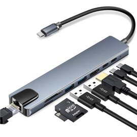 INF 8-Port USB-C Hub for USB Devices such as Keyboards, External Hard Drives, HDMI Monitors, Chargers and Network Cables, 15.33 x 3.24 x 1.4 cm