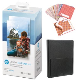 HP Sprocket Studio Plus 4 x 6” Photo Paper and Cartridges Starter Bundle: Includes 108 Sheets and 2 Cartridges, Sticker Frames, Photo Album - Compatible only Sprocket Studio Plus.
