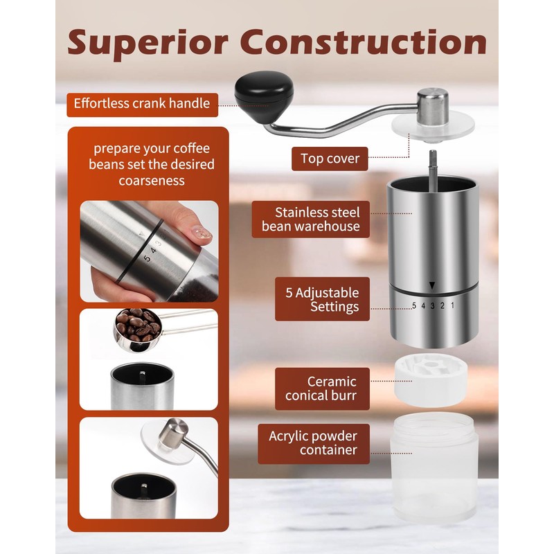 Rsoilch Manual Coffee Grinder With Ceramics Burr For Espresso,French Press,5