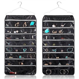 Flexzion Hanging Jewelry Organizer with Zippered Pockets - (1 Pack) Black Closet Jewelry Organizer Storage with Hanger, 56 Pockets Dual Sided Earring Organizer Hanging for Bracelets, Watches, Ring