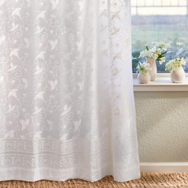 Saffron Marigold White Sheer Curtain Panel with Tieback, Ivy Lace Leaf Design Tab Top or Rod Pocket for Light Filtering & Privacy 100% Cotton Voile Hand Block Printed 44 x 63 Inches