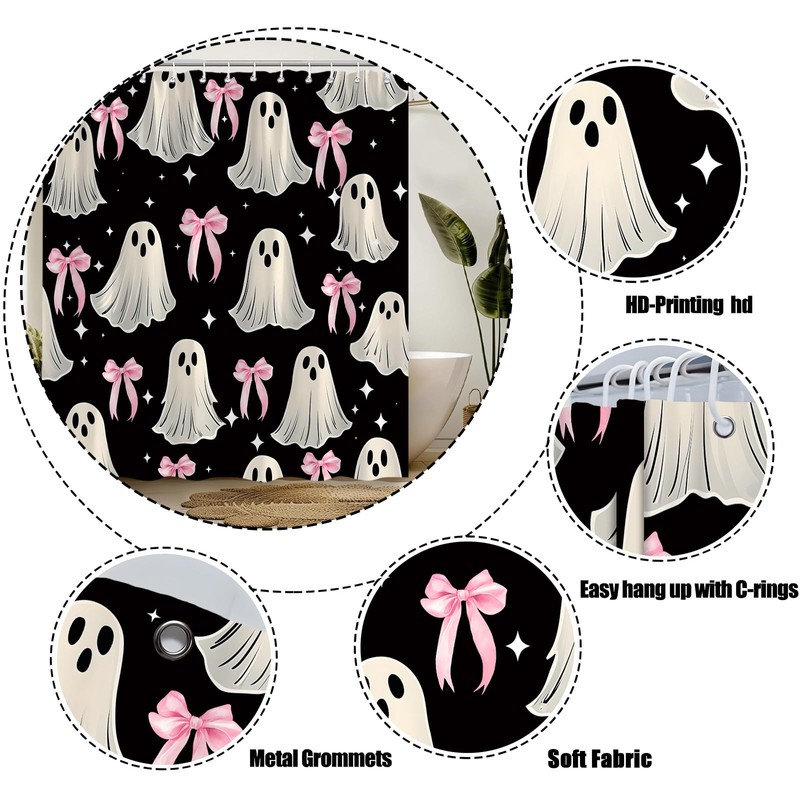 FJLLFJ Halloween Ghost Shower Curtain,Cute Spooky Bow Festival Black White