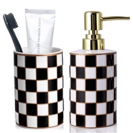 Bathroom Toothbrush Holder Set, Ceramic Checkered Soap Dispenser and Tooth Brush Holder Set, Modern Bathroom Accessories Sets Countertop, Black and White Checkered Bathroom Decor Set (Black)