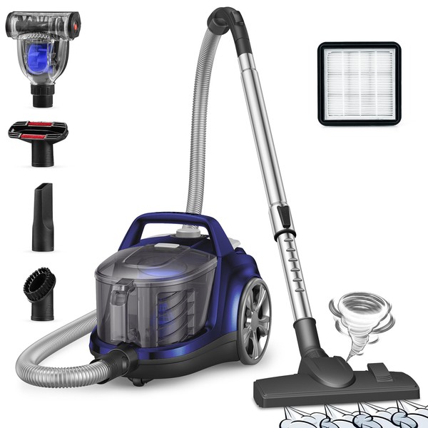 Aspiron Canister Vacuum Cleaner, Lightweight Bagless Vacuum Cleaner, 3.7QT Large Dust Cup, Automatic Cord Rewind, 5 Tools, HEPA Filter, Variable Speed Portable Vacuum for Hard Floors, Pet, Car, Blue