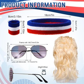 Chuangdi 4th of July Mullet Wigs for Men 80s Men's Mullet Wig Independence Day Disco Usa Wristband patriotic American Flag Sunglasses 80s Costume Party(Shiny Gold)