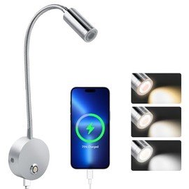 Luz de lectura LED regulable de 12 V, lámpara de cuello de cisne USB de 3 modos para cabecera de cama en remolque, cámper, camioneta, barco y autocaravana, color plateado