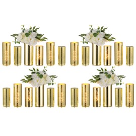 Glass Cylinder Vases Set of 24, Hewory Glittery Gold Vase for Centerpieces, Glass Hurricane Candle Holders for Pillar Floating Candle, Tall Round Vase for Wedding Anniversary Events Home Table Decor