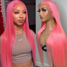Long 30 Inch Straight Pink Lace Front Wigs Human Hair Wear and Go Glueless Wig Red Pink 13x4 HD Transparent Lace Front Wig Human Hair Pre Plucked with Baby Hair Colored Wigs For Black Women